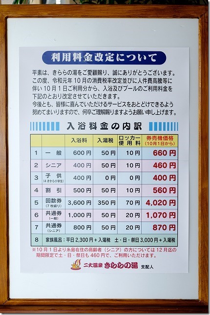 糸島きららの湯、10/1から料金値上がり