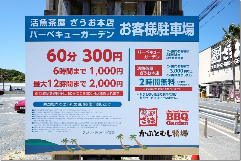 糸島ざうお本店のヤシの木ブランコ・サメ、駐車場料金