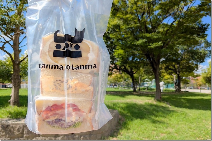 tanma co tanmaで買ったBLT、たまごのサンドイッチやキウイのフルーツサンド。手提げ袋は半透明